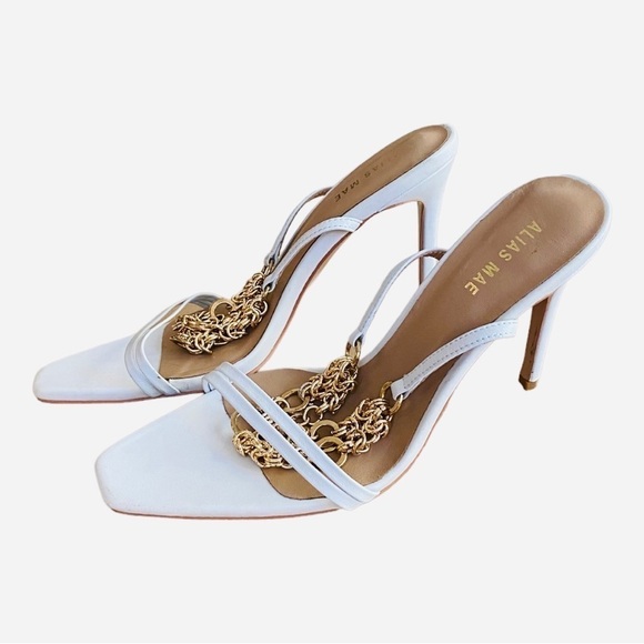 NEW Alias Mae Isha Ivory Stiletto Heel Sandal Gold Chain Ankle Strap Leather 10 - Picture 4 of 8